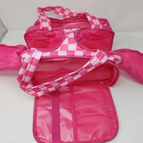 Pink Checkered Makeup Bag Travel Organizer Cosmetic Case Multi-Compartment - Picture 6 of 8